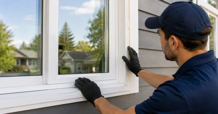 technician comparing full-frame and retrofit window replacement options in Woodstock