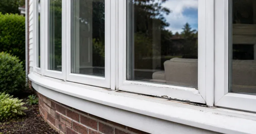 technician inspecting bow window frame and seal for damage in Woodstock