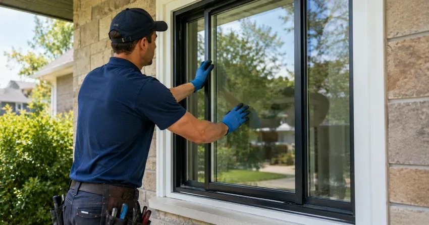 technician measuring a broken window pane for replacement in Lansdowne Meadow, Woodstock