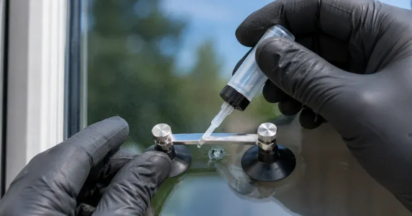 technician performing chipped glass repair on a window in Woodstock