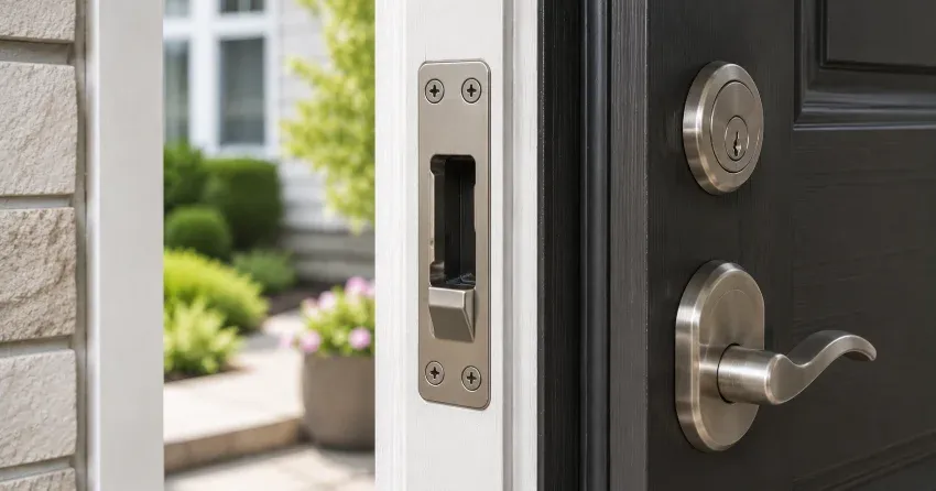 technician repairing a split door jamb near the strike plate in North Woodstock, Woodstock
