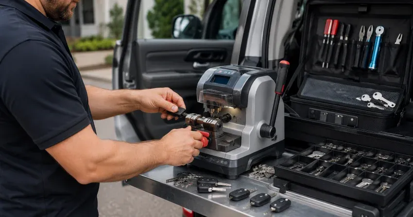 technician cutting a replacement car door lock key in Woodstock