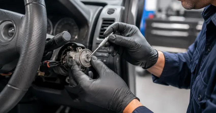 technician diagnosing an ignition lock repair issue in South Woodstock, Woodstock