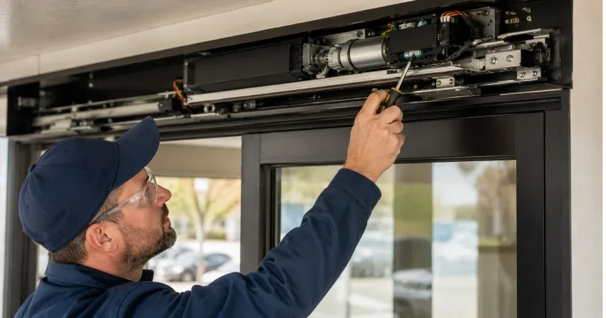 technician completing automatic door repair on residential property in Sumac Ridge, Woodstock
