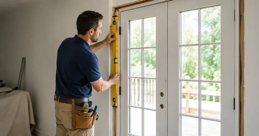 newly installed French doors with divided glass panes in South Woodstock, Woodstock