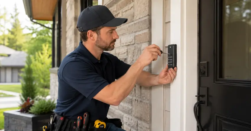 Technician installing an access control system keypad beside a residential front door in Sumac Ridge, Woodstock