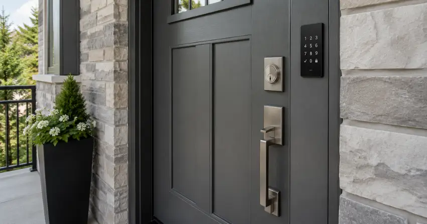 High-security door hardware and access control keypad installed on a residential entry door in Woodstock
