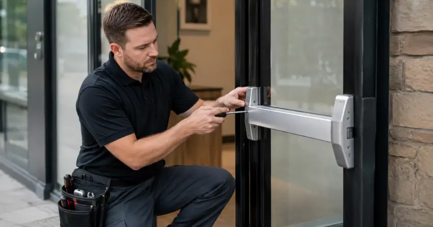 commercial locksmith repairing exit device on storefront door Sumac Ridge, Woodstock