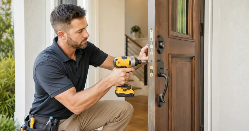 locksmith installing new deadbolt lock on front door in Lansdowne Meadow, Woodstock