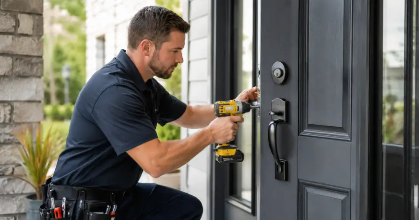 locksmith installing deadbolt lock on exterior door in Woodstock
