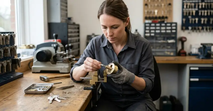 locksmith technician rekeying a deadbolt in Woodstock