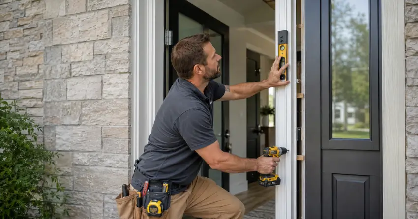technician installing a new exterior door frame in Woodstock