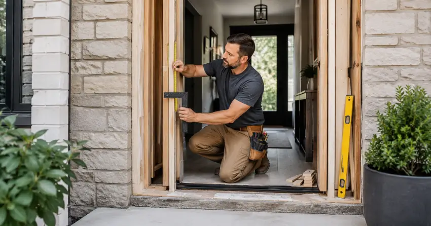 exterior door installer assessing rough opening in Lansdowne Meadow, Woodstock