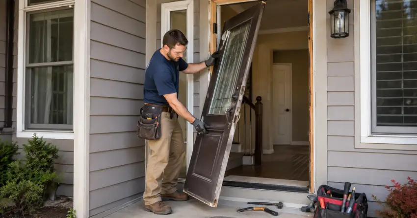 old exterior door being removed for replacement in South Woodstock, Woodstock