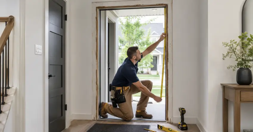 technician measuring a door frame before new door installation in Woodstock