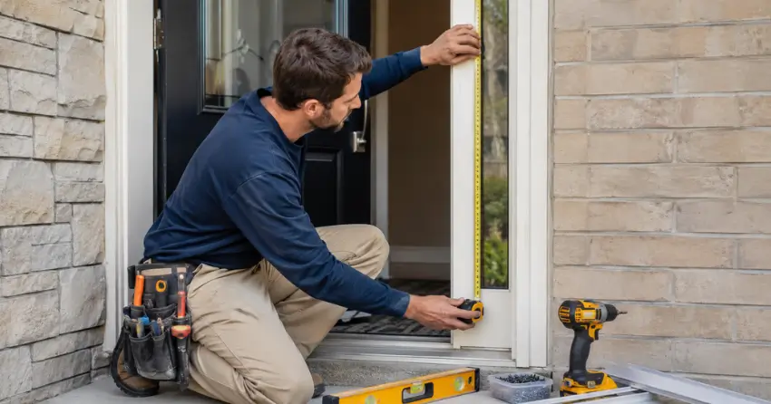 technician measuring door frame before storm door install in Sumac Ridge, Woodstock