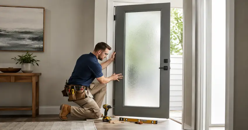 glass panel door installation with frosted privacy glass in residential setting in South Woodstock, Woodstock