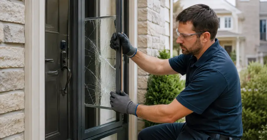 technician removing cracked storm door glass panel in Lansdowne Meadow, Woodstock