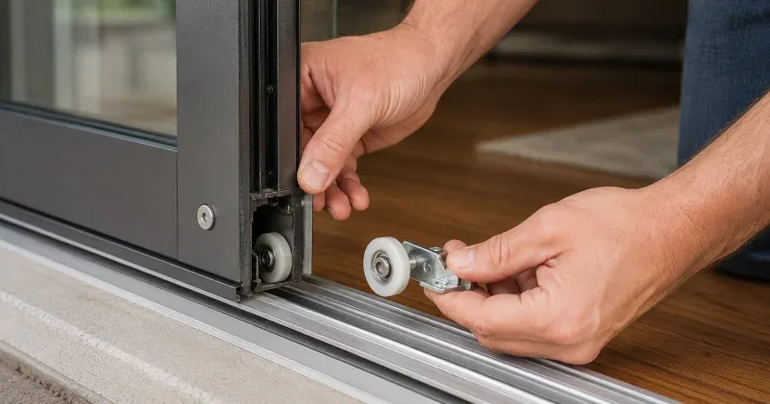 sliding door alignment Woodstock technician adjusting roller track