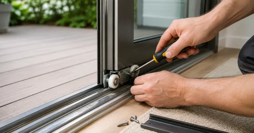 sliding door fix Woodstock technician diagnosing track issue