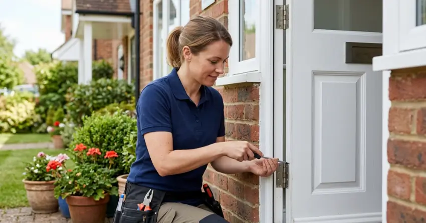 technician repairing exterior door hinge and frame in North Woodstock, Woodstock