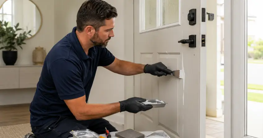 technician repairing fiberglass door surface crack in Perrys Lane, Woodstock