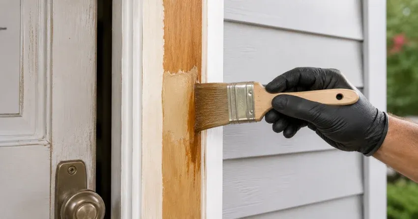 technician probing rotted wood on a door frame in South Woodstock, Woodstock