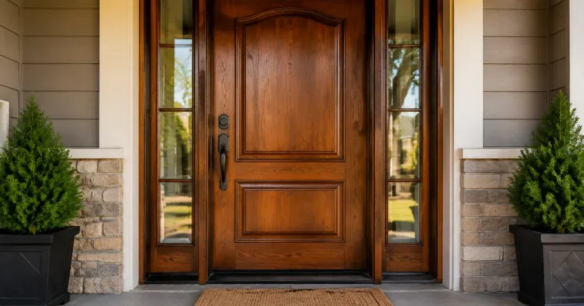 wood door mid-restoration showing stripped bare wood in Sumac Ridge, Woodstock