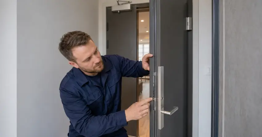 technician inspecting fire-rated door seal and hardware in Woodstock