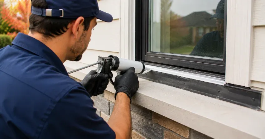 technician inspecting window flashing for leak source in Lansdowne Meadow, Woodstock