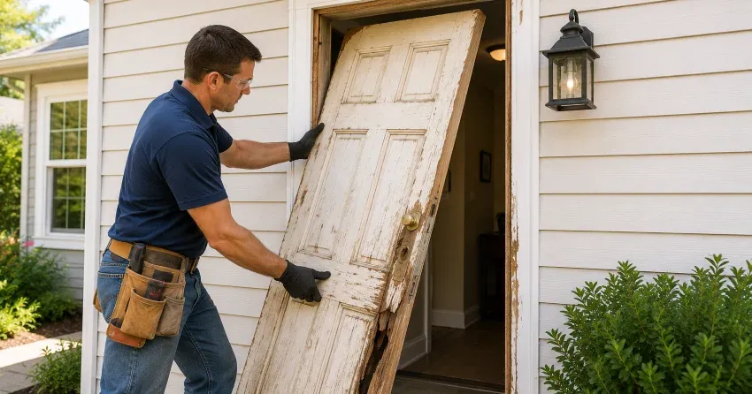 warped exterior door frame showing weather damage in Woodstock