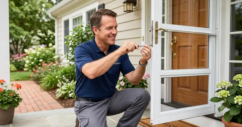technician adjusting storm door hinge and closer in Woodstock