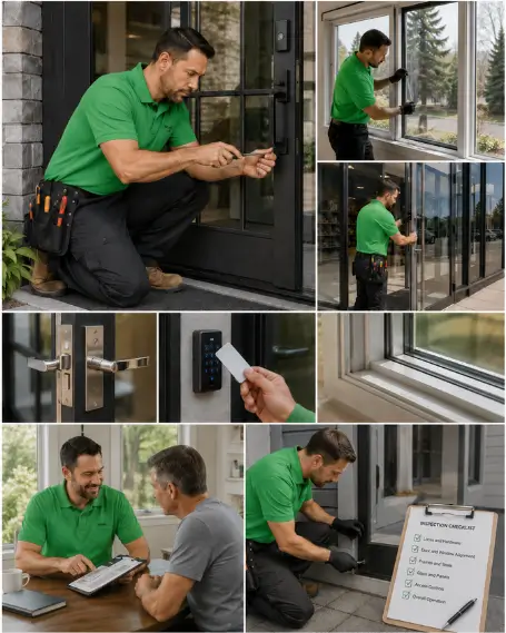 A technician checking a door closer during a commercial service visit